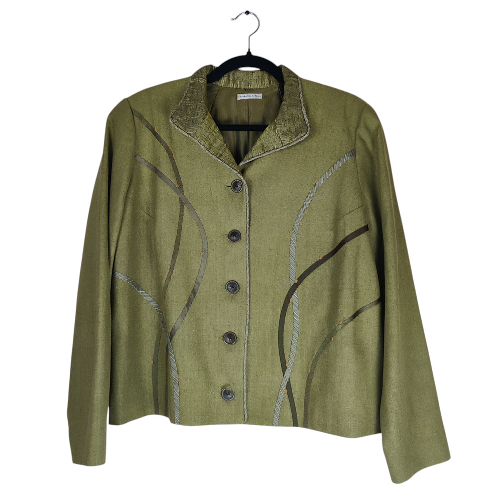 Elizabeth Gillem Artsy Tweed Olive Green Embroidered Lagenlook Jacket Large